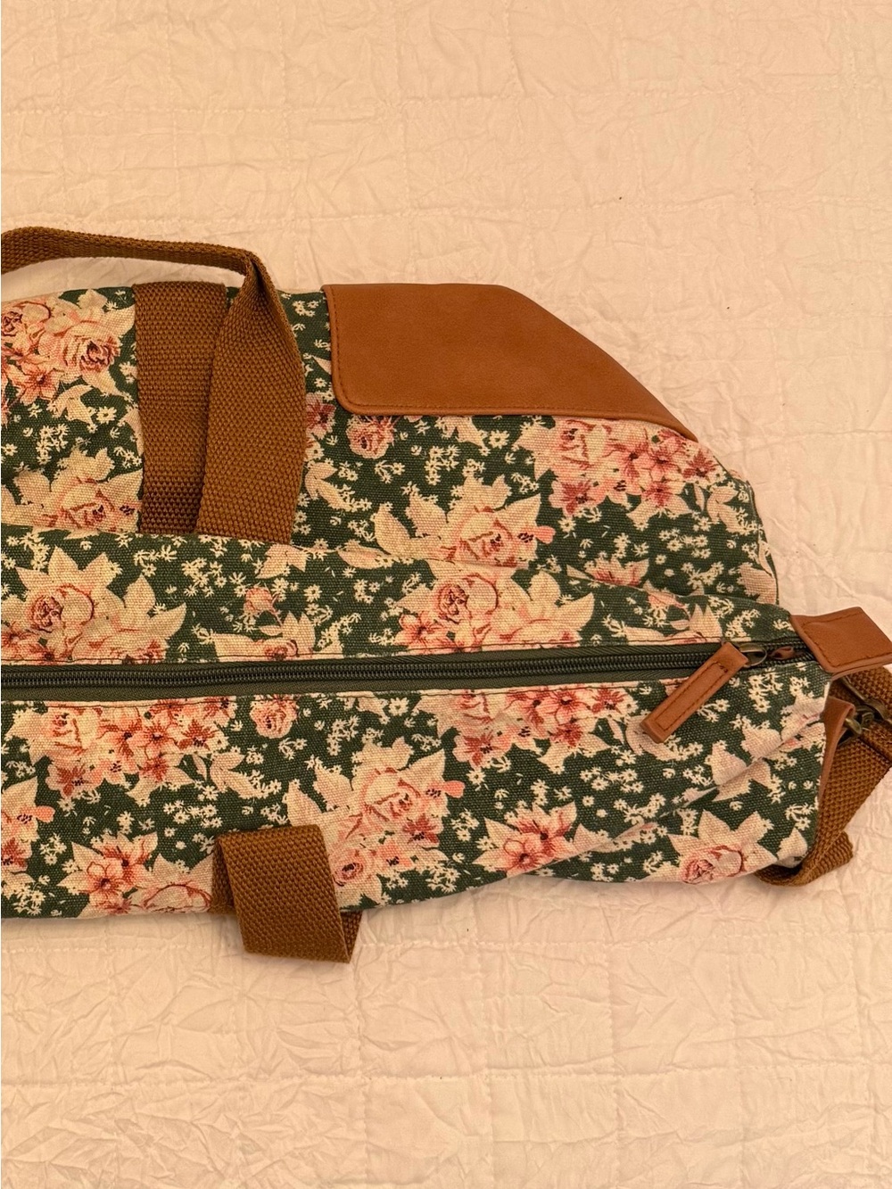 Floral Canvas Duffle Bag with Adjustable Strap - Green/Pink - Picture 3 of 4